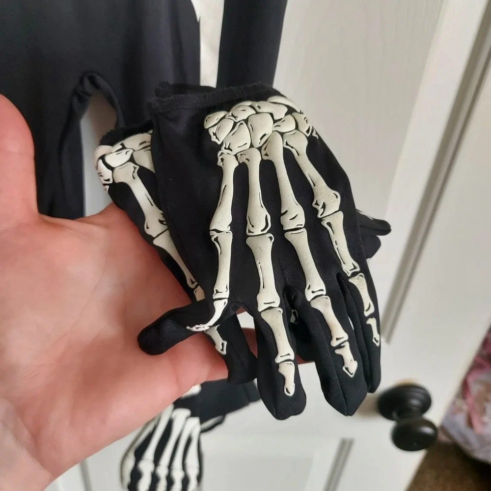 Spirit Halloween Kids Skeleton Jumpsuit Costume w/ Gloves Glow In The Dark 3T-4T - Picture 3 of 5